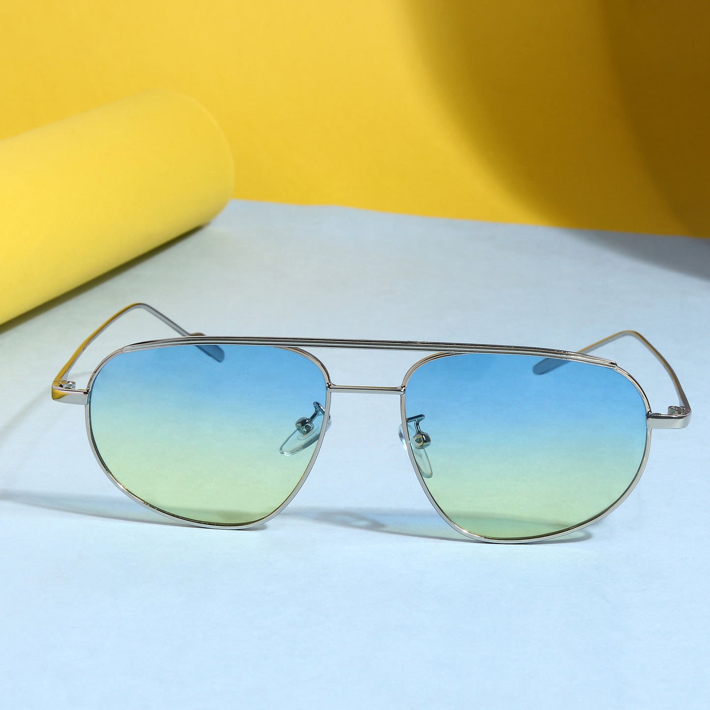 Silver Blue Yellow Gradient Pilot Sunglasses