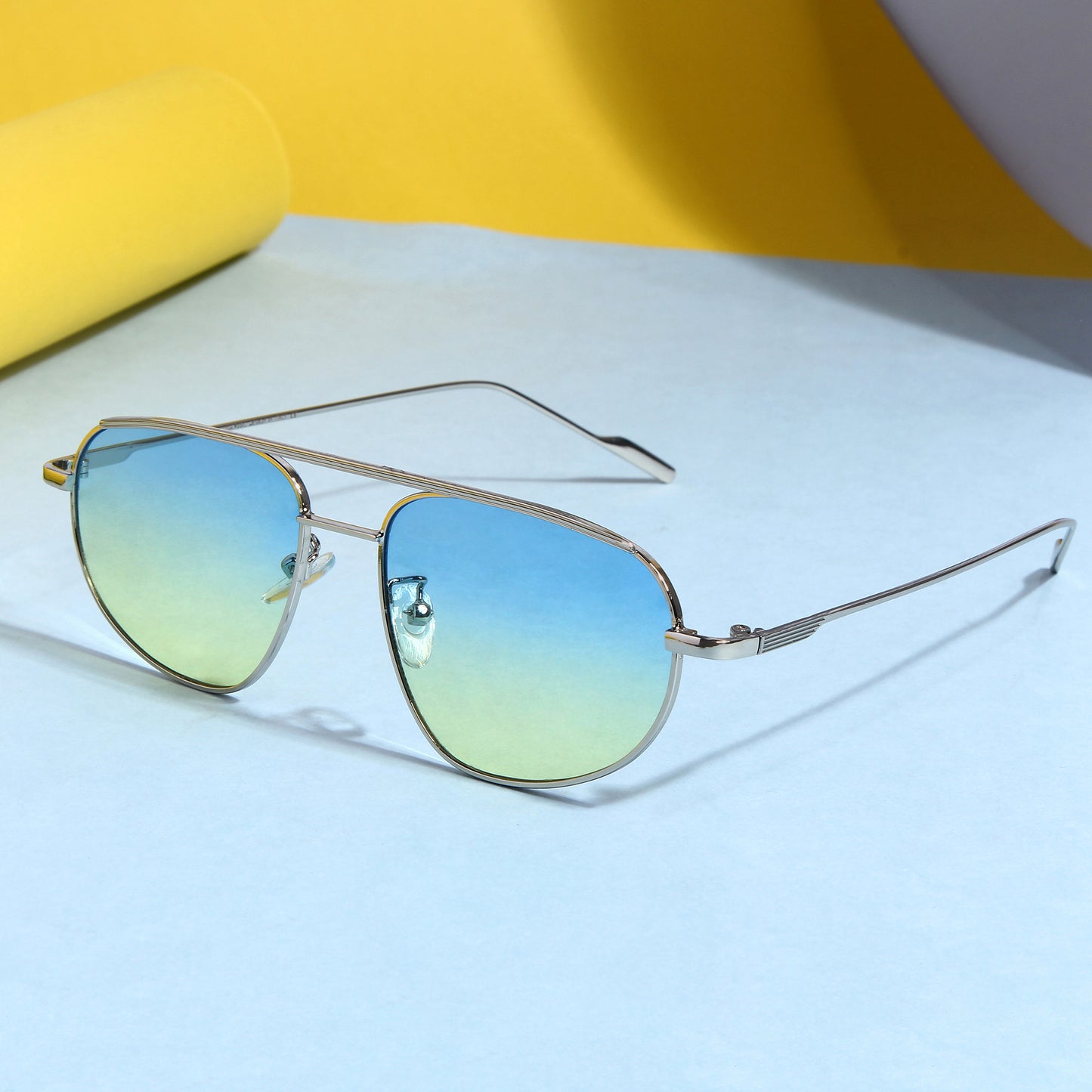 Silver Blue Yellow Gradient Pilot Sunglasses