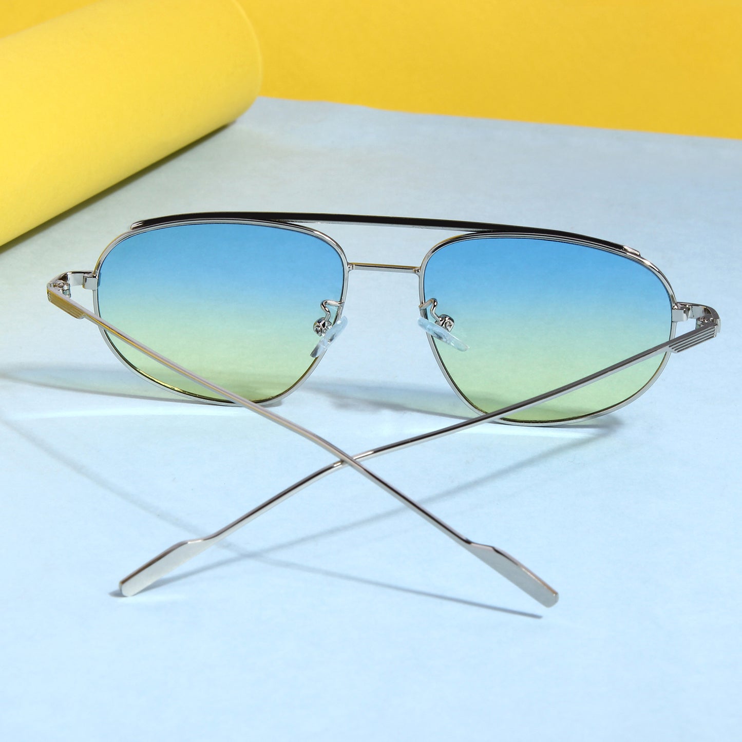 Silver Blue Yellow Gradient Pilot Sunglasses
