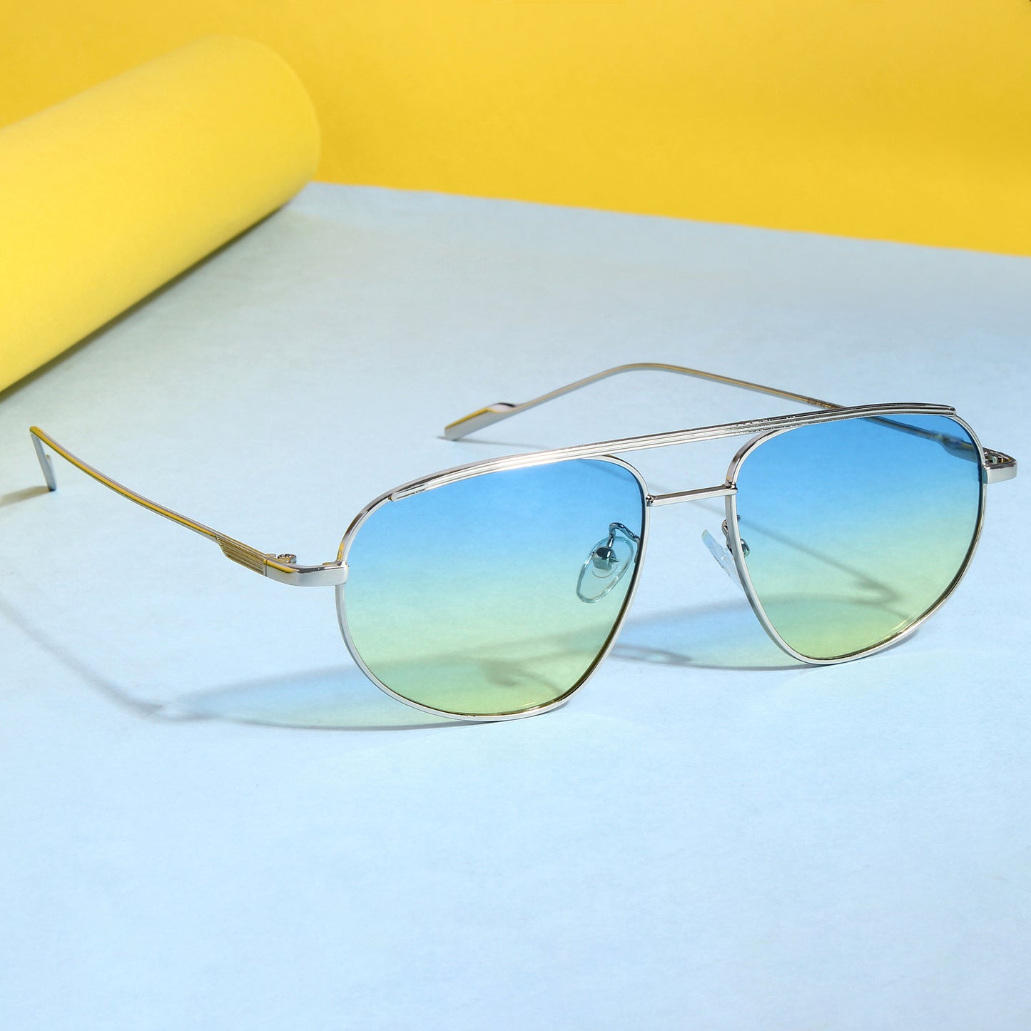 Silver Blue Yellow Gradient Pilot Sunglasses