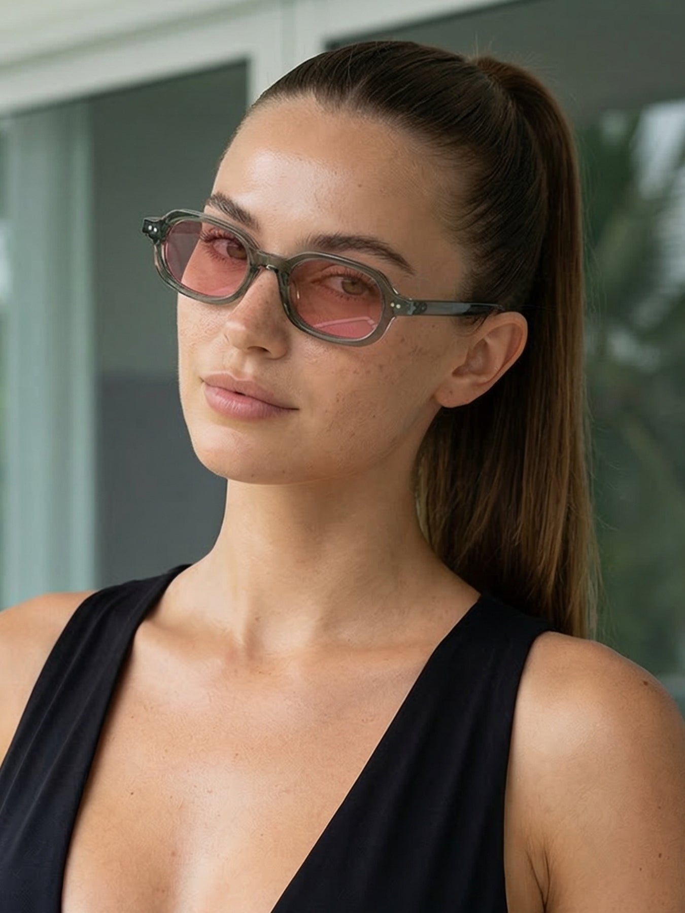 Korean V2 Green Pink Rectangle Sunglasses