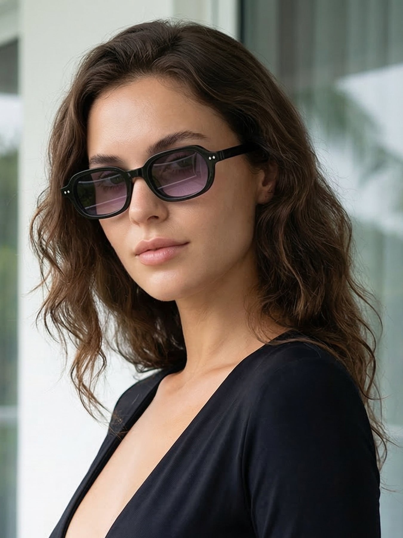Korean V2 Black Purple Gradient Rectangle Sunglasses