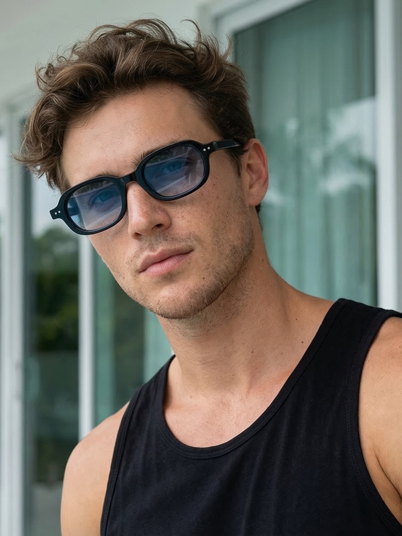Korean V2 Black Blue Gradient Rectangle Sunglasses
