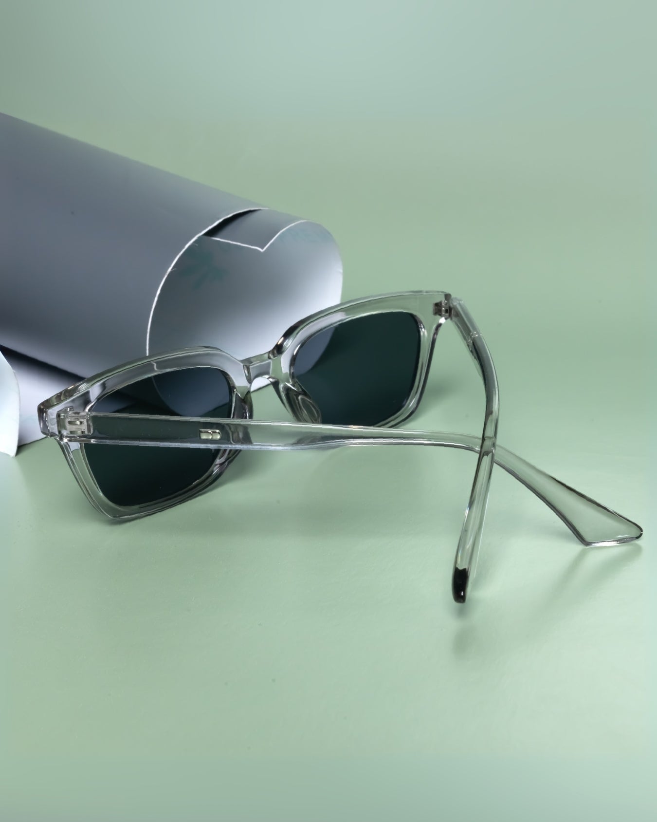 Sunglasses with clear frame and dark lenses on a light green background