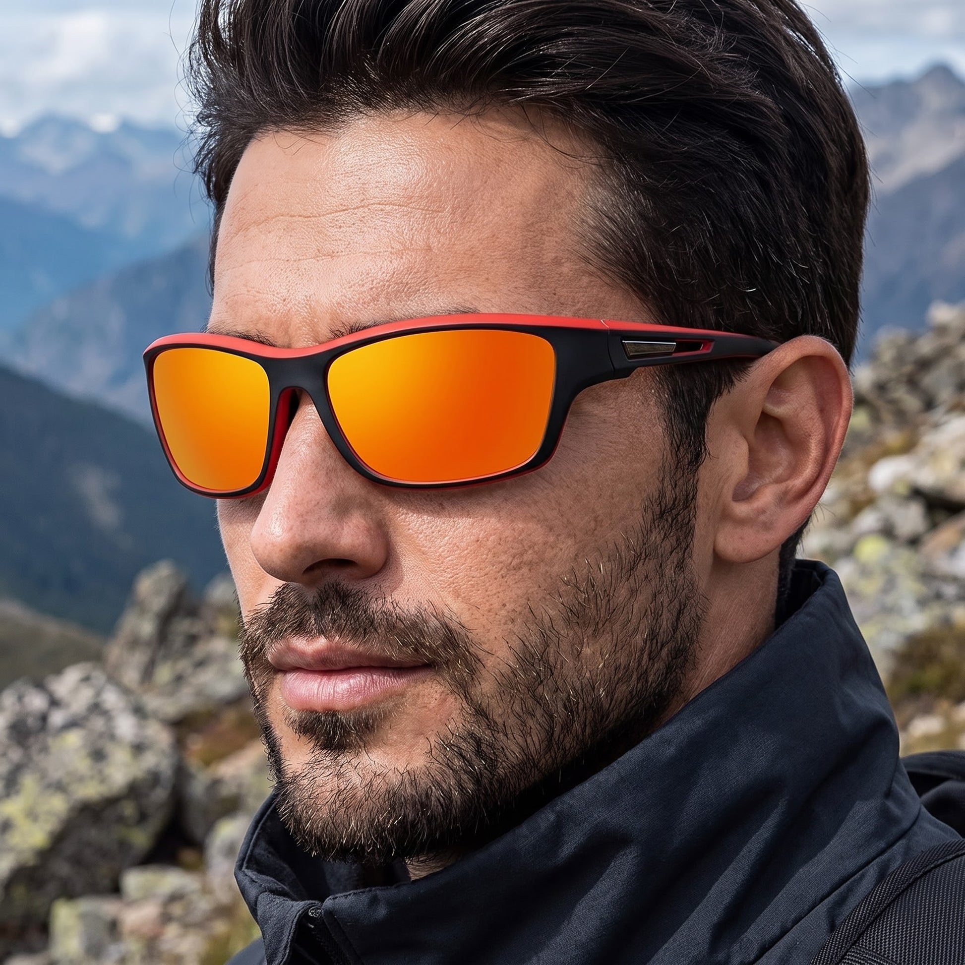 A close-up of a man outdoors wearing sport sunglasses with a black frame, red trim, and bright orange mirrored lenses, with mountains and rocks in the background.